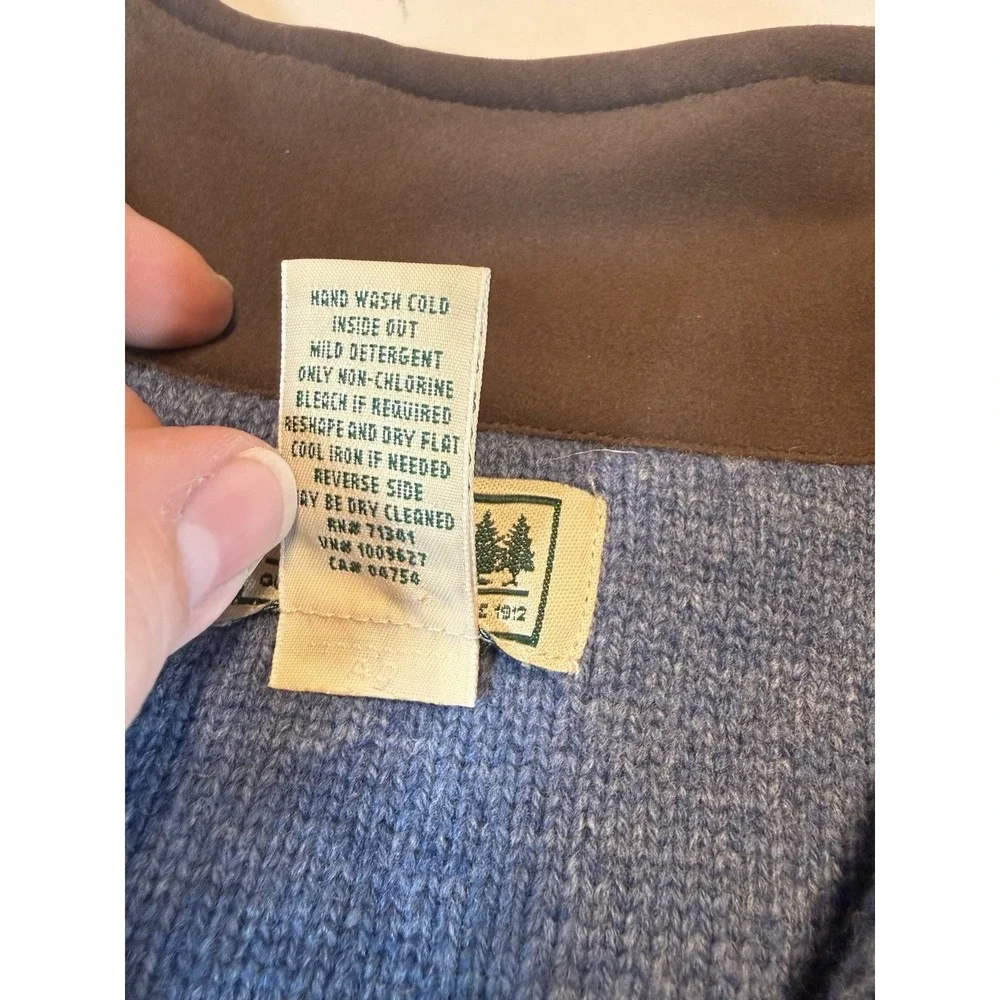 LL Bean Sweater Mens Blue Merino Lambswool 1/4 Zip Brown Collar‎ 237808 Large